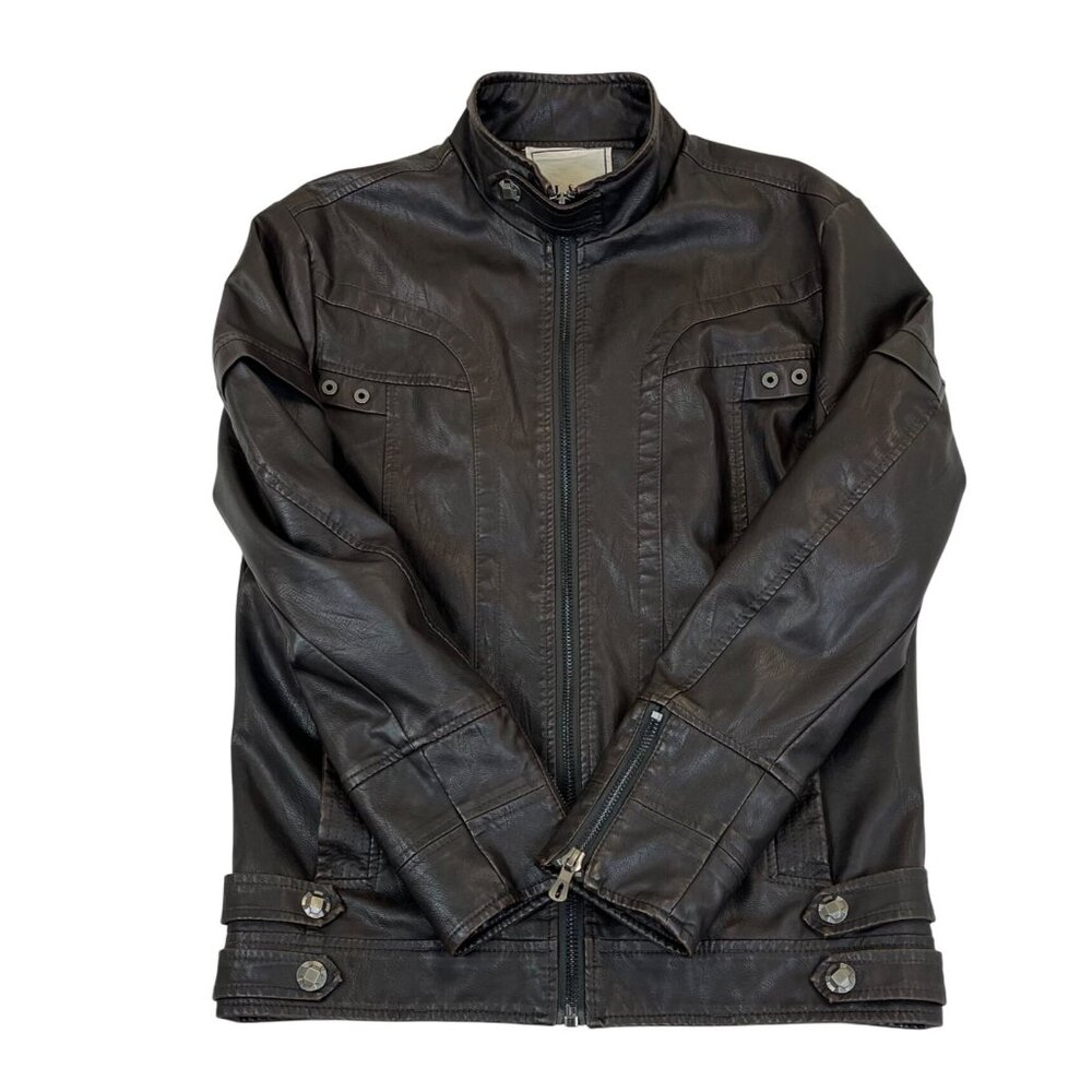 L&C Mens Dark Brown PU Leather Moto Jacket Modern Style Size M